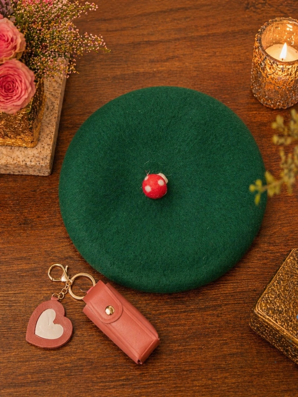 Classic Green Wool Beret with mushroom accent + keychain combo